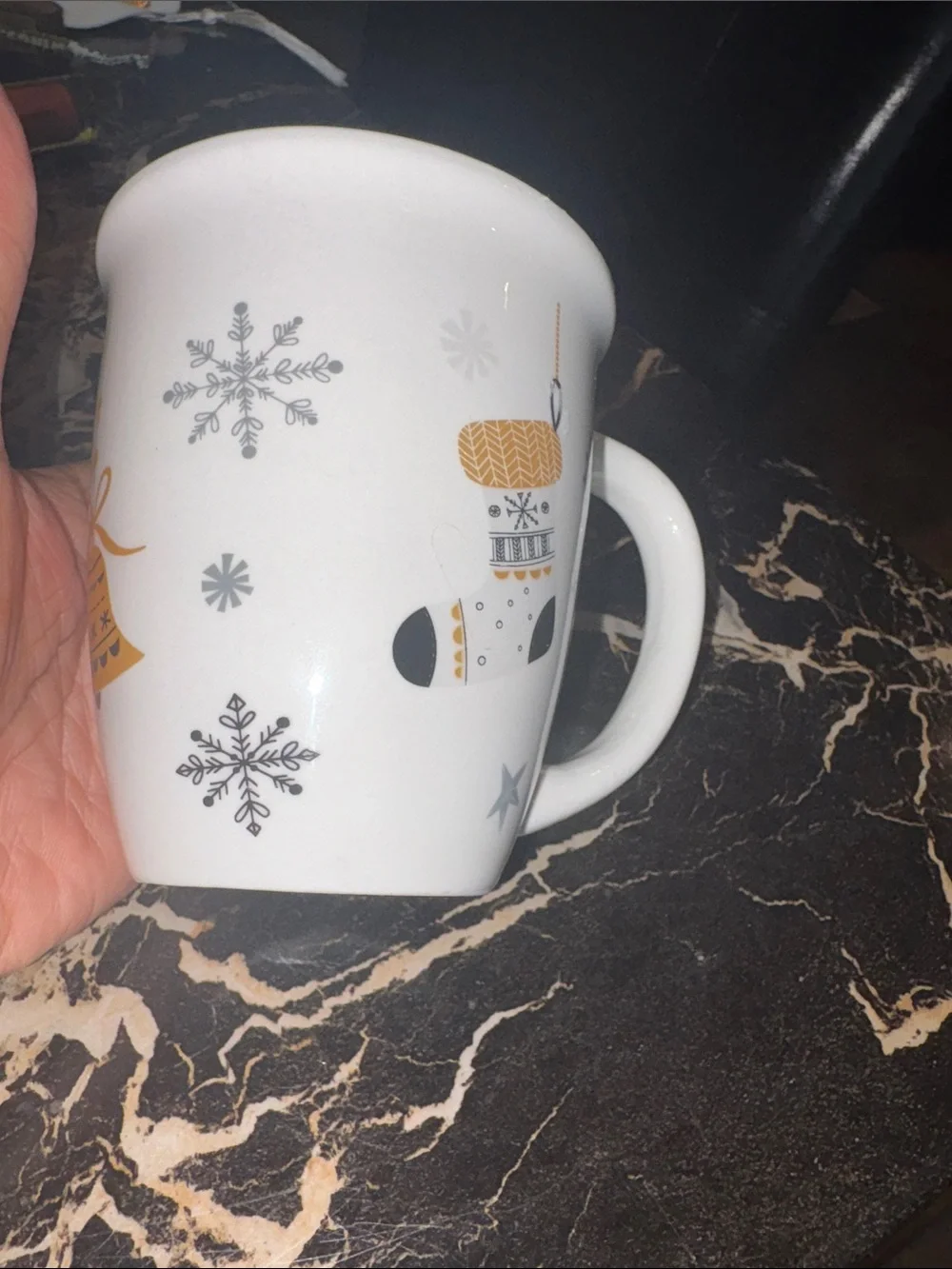 Festive White Ceramic Holiday Mug with Gold and Gray Snowflakes